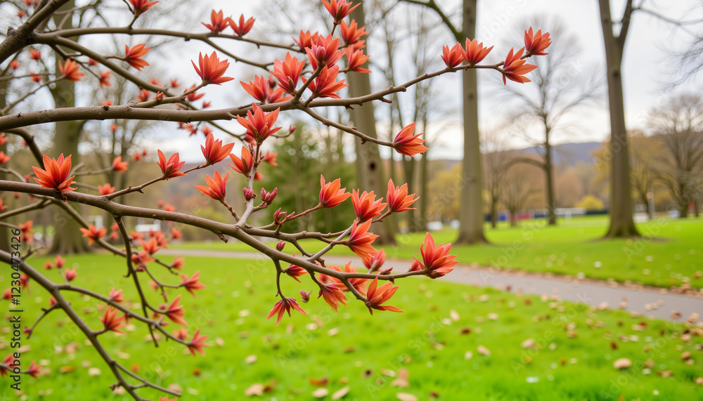 Maple tree buds blooming in spring park, beauty of nature Maple tree buds blooming in spring park, beauty of nature
