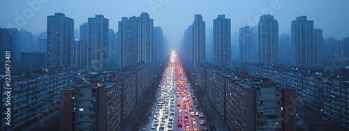 A city shrouded in thick smog with cars and buildings barely visible through the haze, depicting urban pollution and air quality issues with a dynamic blur effect.