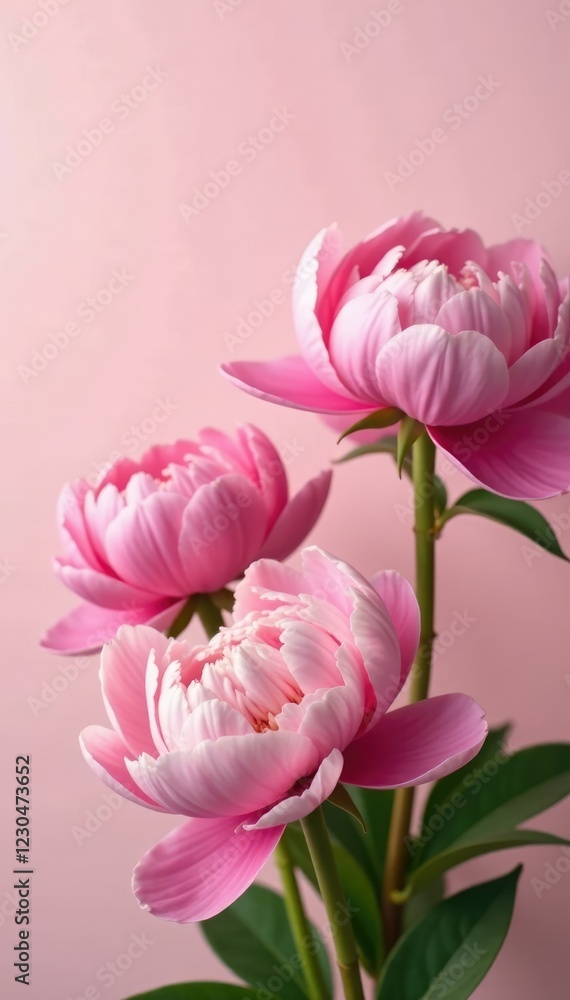 Fototapeta premium Showy pink peonies against a soft pastel background, pink flowers, spring blossoms, bloom