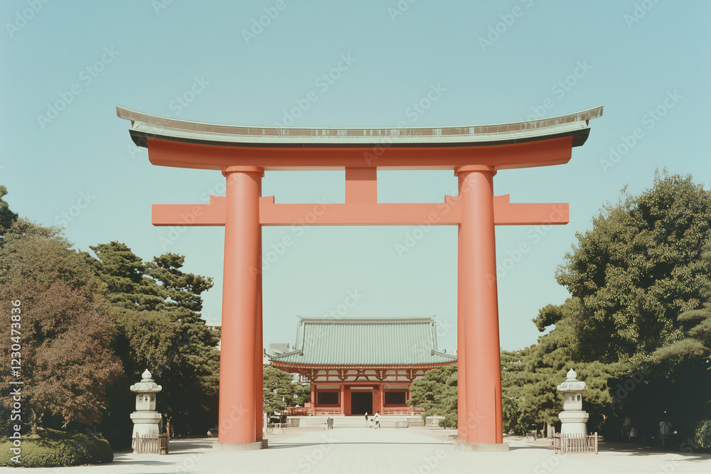Ancient Gate to Serenity: A vibrant red Torii gate stands tall and proud, marking the entrance to a serene Japanese temple, inviting visitors to a tranquil and spiritual experience. Ancient Gate to Serenity: A vibrant red Torii gate stands tall and proud, marking the entrance to a serene Japanese temple, inviting visitors to a tranquil and spiritual experience.