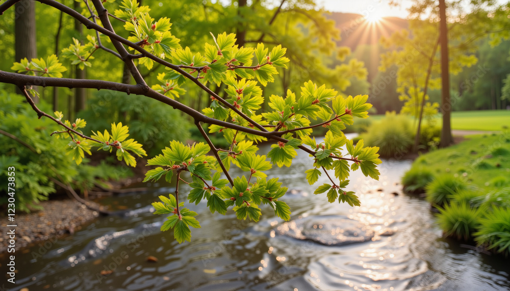 Fototapeta premium Budding leaves glowing at sunrise by gentle river, nature's renewal