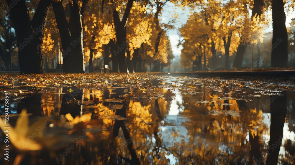 Obraz premium Autumn Leaves Floating in a Puddle Reflecting Trees