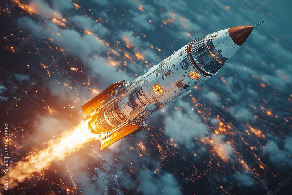 Fototapeta premium Rocket Ascending Through Night Sky Over City Lights