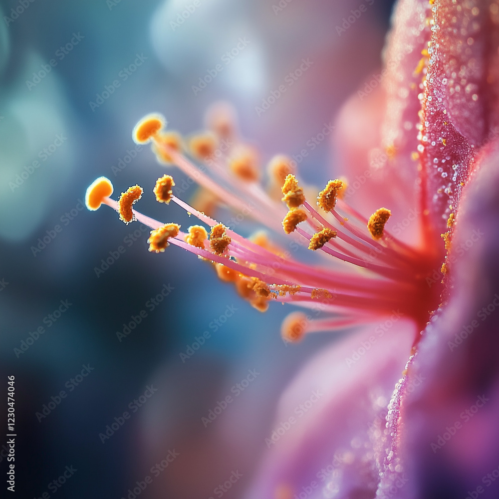 A detailed close-up of a vibrant flower stamen, with fine pollen grains clinging to its surface, illuminated by natural diffused light. A detailed close-up of a vibrant flower stamen, with fine pollen grains clinging to its surface, illuminated by natural diffused light.