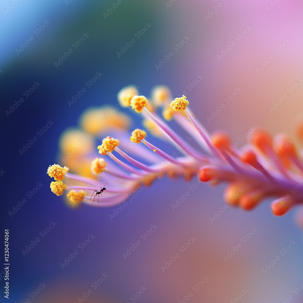 Fototapeta premium A detailed close-up of a vibrant flower stamen, with fine pollen grains clinging to its surface, illuminated by natural diffused light. 