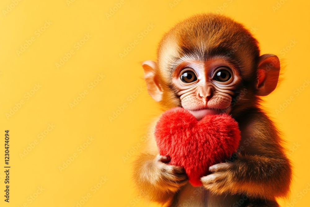 Ad campaign idea. Ad campaign concept graphic design. Macaque - my cherished animal. Cute macaque baby with fluffy red heart - emblem of love, funny greeting card. Heart animals drawings. Ad campaign idea. Ad campaign concept graphic design. Macaque - my cherished animal. Cute macaque baby with fluffy red heart - emblem of love, funny greeting card. Heart animals drawings.