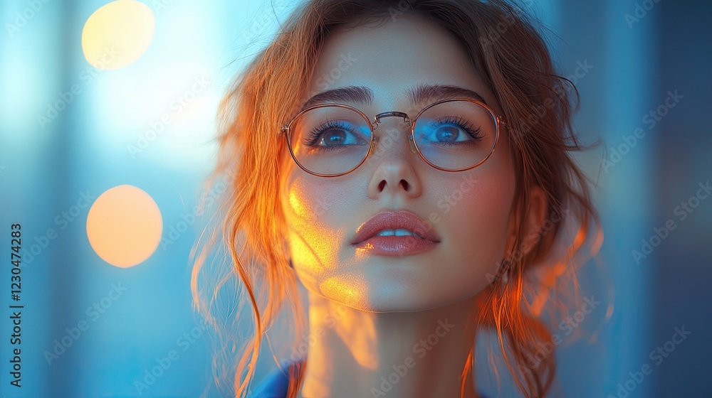 A young woman with red hair and glasses looks thoughtfully at something out of frame, bathed in warm light. A young woman with red hair and glasses looks thoughtfully at something out of frame, bathed in warm light.