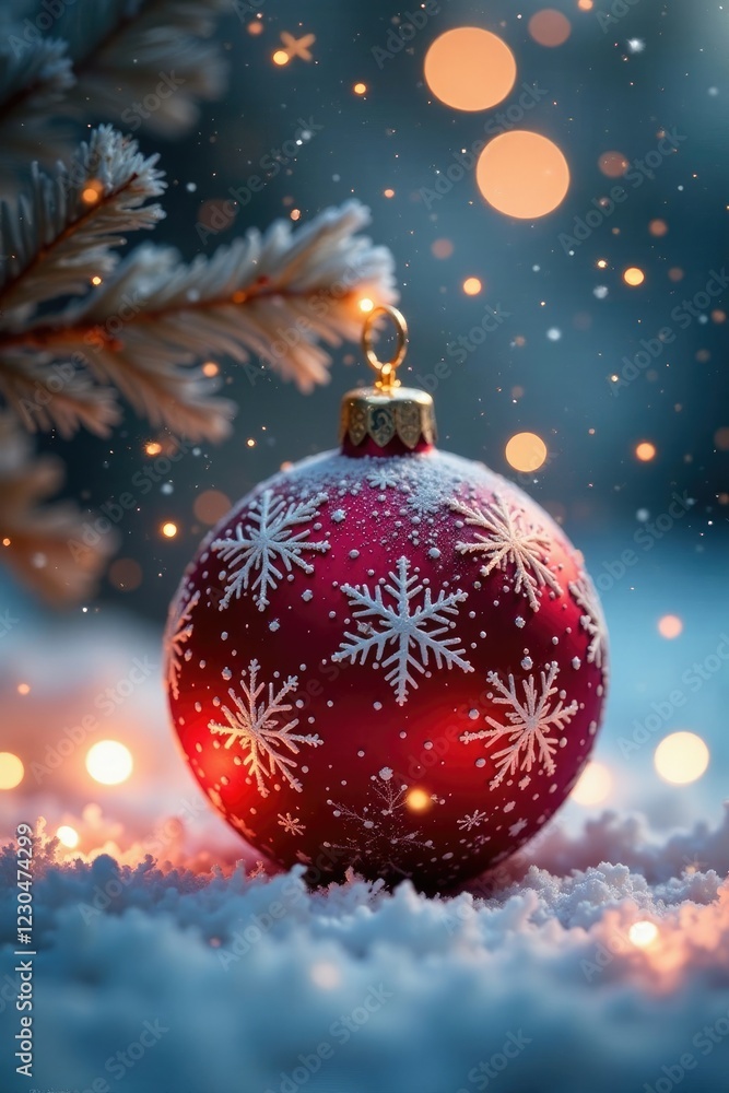 Sparkling snowflakes falling around an ornament, festive, winter Sparkling snowflakes falling around an ornament, festive, winter