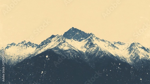 Abstract dotted mountain range in overlayed pointillist grunge texture style. Vintage photocopy of snowy range of hills, mounted landscape with grainy noise. Retro halftone vector illustration.