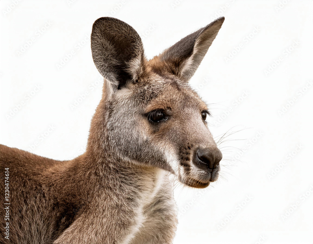 A close-up profile shot of a kangaroo's head and neck shows its distinctive features including large ears, long snout, and brown-grey fur against a white background. A close-up profile shot of a kangaroo's head and neck shows its distinctive features including large ears, long snout, and brown-grey fur against a white background.
