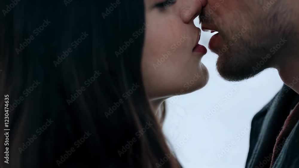 Romantic slow-motion close-up of a couple kissing, showcasing affection and intimacy. A tender and emotional moment representing love, relationships, and passion in high detail. Romantic slow-motion close-up of a couple kissing, showcasing affection and intimacy. A tender and emotional moment representing love, relationships, and passion in high detail.