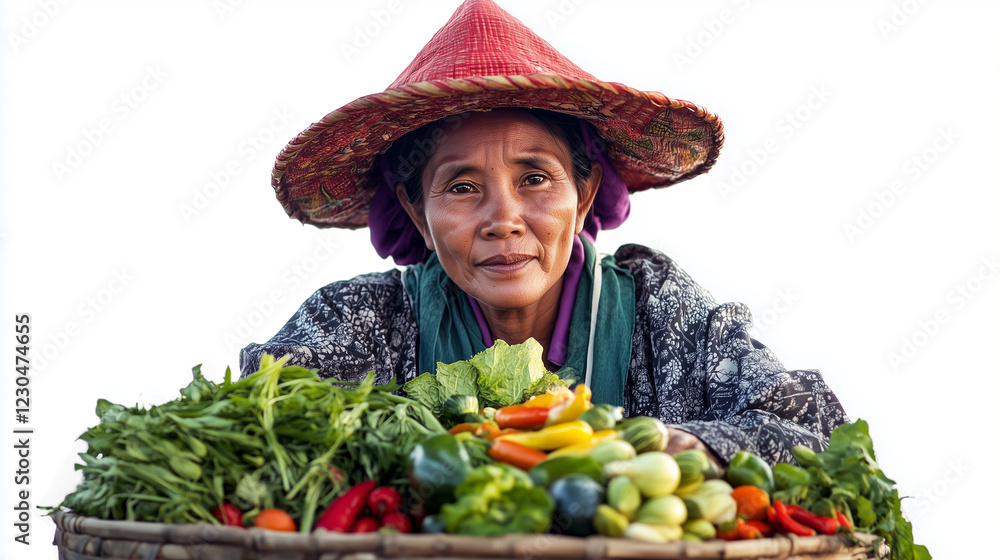 Fototapeta premium A market vendor selling fresh vegetables, standing behind a display of produce, dressed in casual traditional clothing, on a white background.