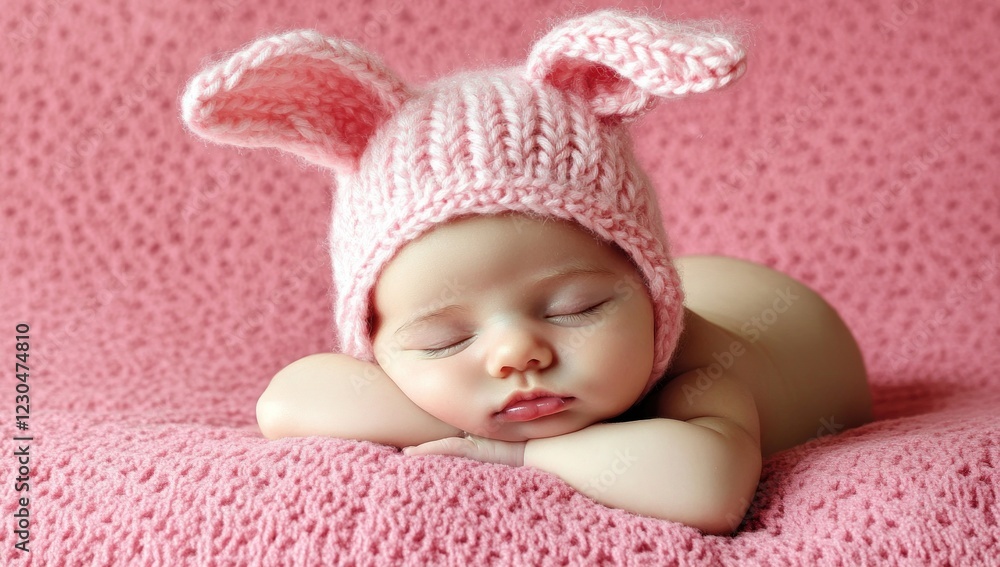 Sweet Dreams: Adorable Baby Girl Sleeping Peacefully in a Knitted Bunny Hat Sweet Dreams: Adorable Baby Girl Sleeping Peacefully in a Knitted Bunny Hat