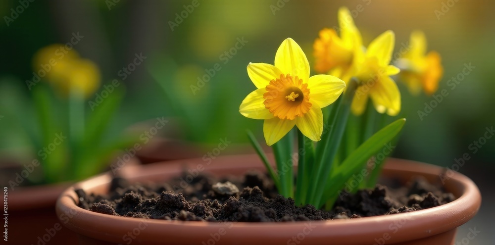 A daffodil stalk emerging from soil in a terracotta pot, daffodils, terracotta, garden A daffodil stalk emerging from soil in a terracotta pot, daffodils, terracotta, garden