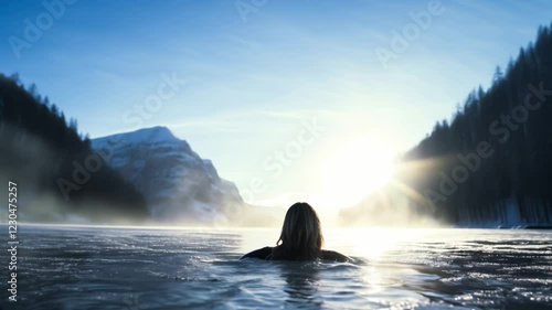 Woman swimming in a semi frozen mountain lake, on a cold clear misty morning. Slow motion.