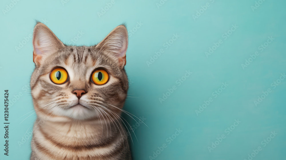 curious cat with striking orange eyes against turquoise background. This feline features striped coat and focused expression,lovely and charming great for pet products advertisement curious cat with striking orange eyes against turquoise background. This feline features striped coat and focused expression,lovely and charming great for pet products advertisement