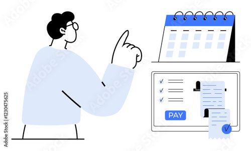 Individual points towards blue-topped calendar and computer screen displaying bill receipts, a checklist, and a pay button. Ideal for time management, scheduling, financial planning, online payments