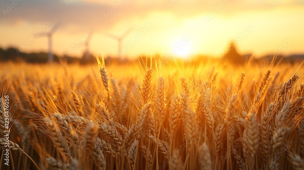 Wheat Field at Sunset with Wind Turbines Wheat Field at Sunset with Wind Turbines