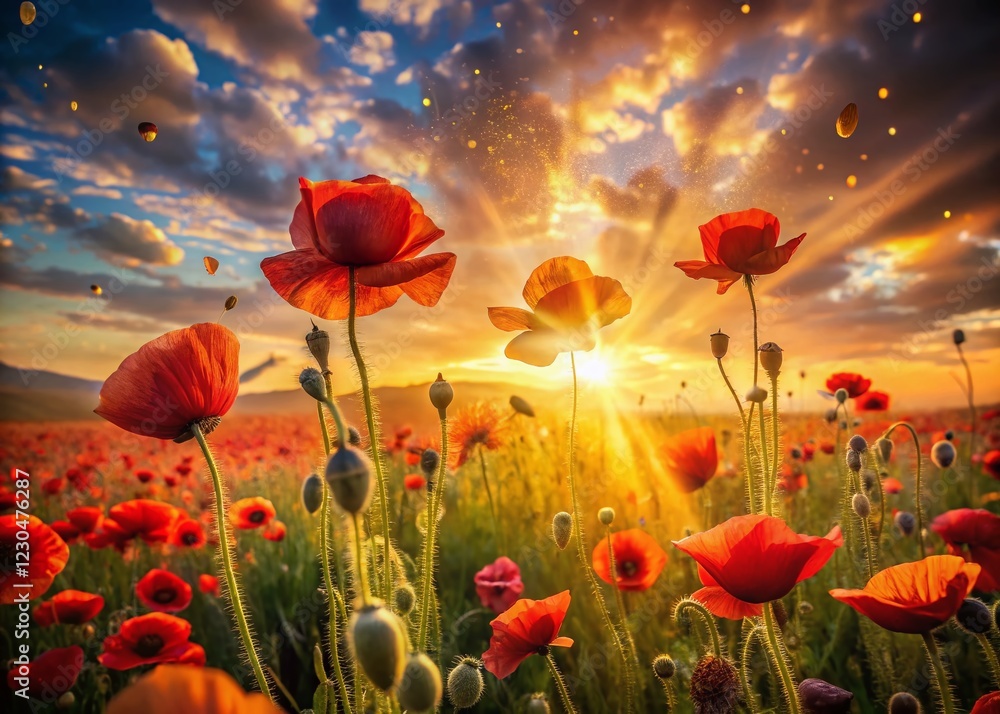 Fototapeta premium Surreal Poppy Field: Sun-Drenched Dreamscape of Vibrant Blooms