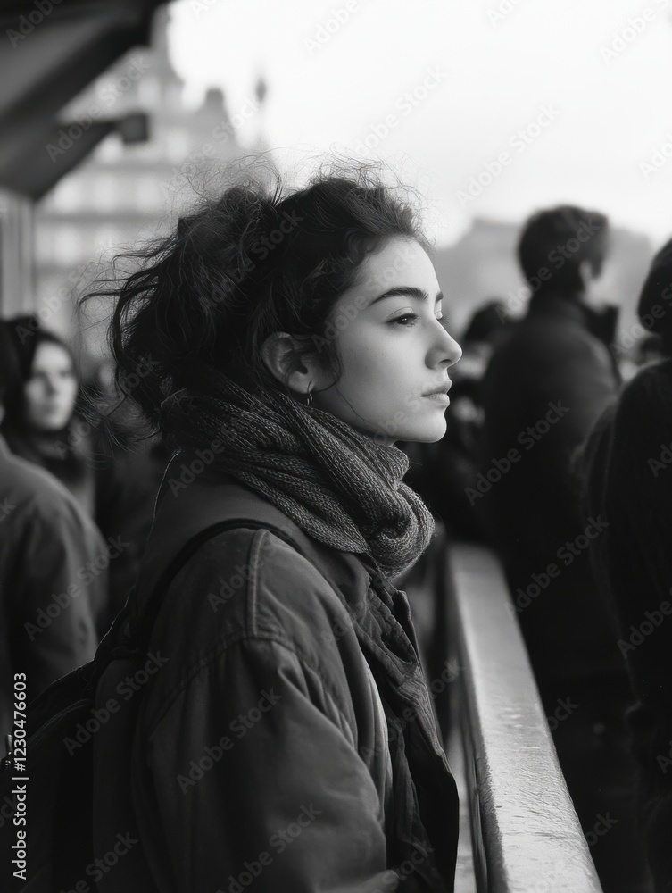 Pensive Young Woman Gazing Out in Black and White Urban Setting Pensive Young Woman Gazing Out in Black and White Urban Setting