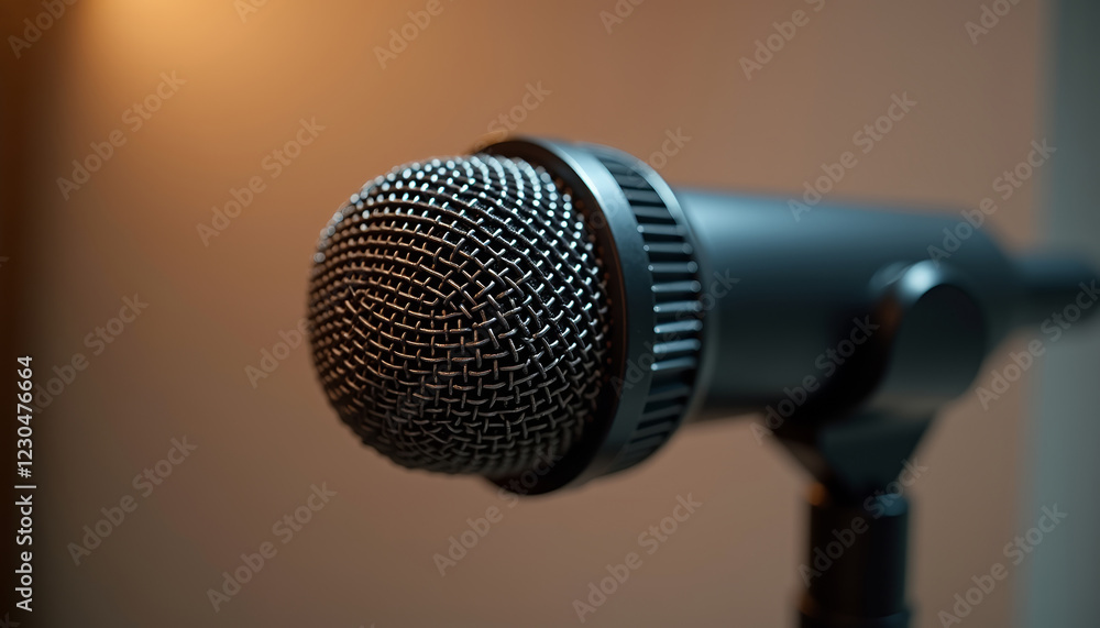 Fototapeta premium Close-up of a studio microphone in a warm, inviting setting