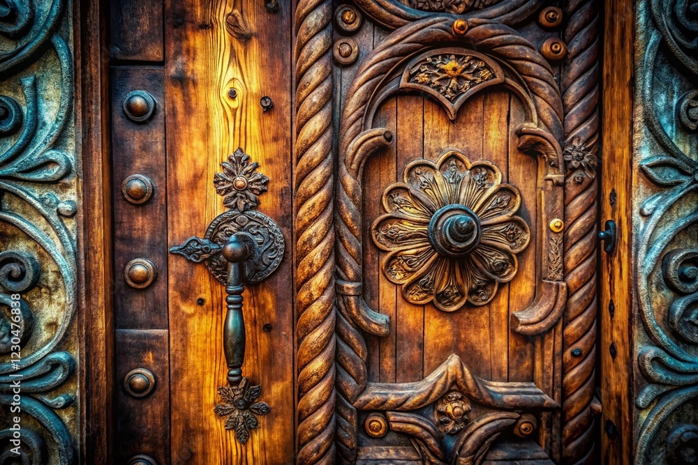Surreal Rustic Wooden Door Close-up: Fantasy Forest Entryway Surreal Rustic Wooden Door Close-up: Fantasy Forest Entryway