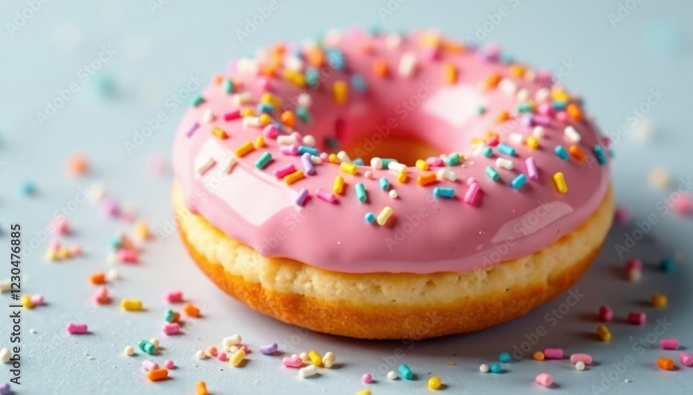 Colorful sprinkles scattered on top of a soft doughnut, pastel sprinkles, multicolored toppings, yummy pastry Colorful sprinkles scattered on top of a soft doughnut, pastel sprinkles, multicolored toppings, yummy pastry