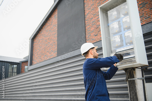 Wallpaper Mural Joyful electrician mounting electric switchboard outdoors Torontodigital.ca