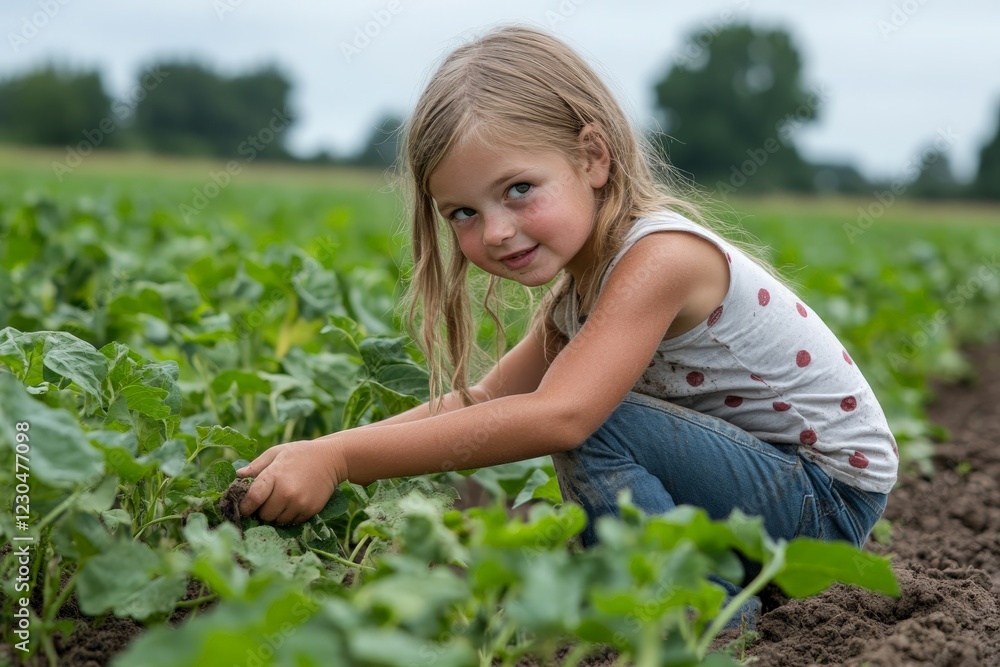 Child enjoying a peaceful day on a farm, tending to vegetables in a lush green field during summer Child enjoying a peaceful day on a farm, tending to vegetables in a lush green field during summer