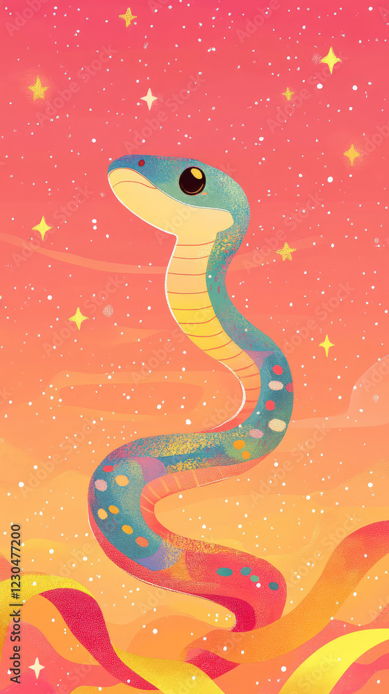 Naklejka premium colorful snake with vibrant patterns and whimsical expression, set against dreamy pink and orange background filled with stars. This enchanting illustration captures sense of wonder and magic