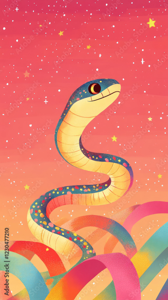 Naklejka premium colorful snake with vibrant pattern slithers against starry background, surrounded by playful, curved shapes. scene evokes sense of whimsy and wonder