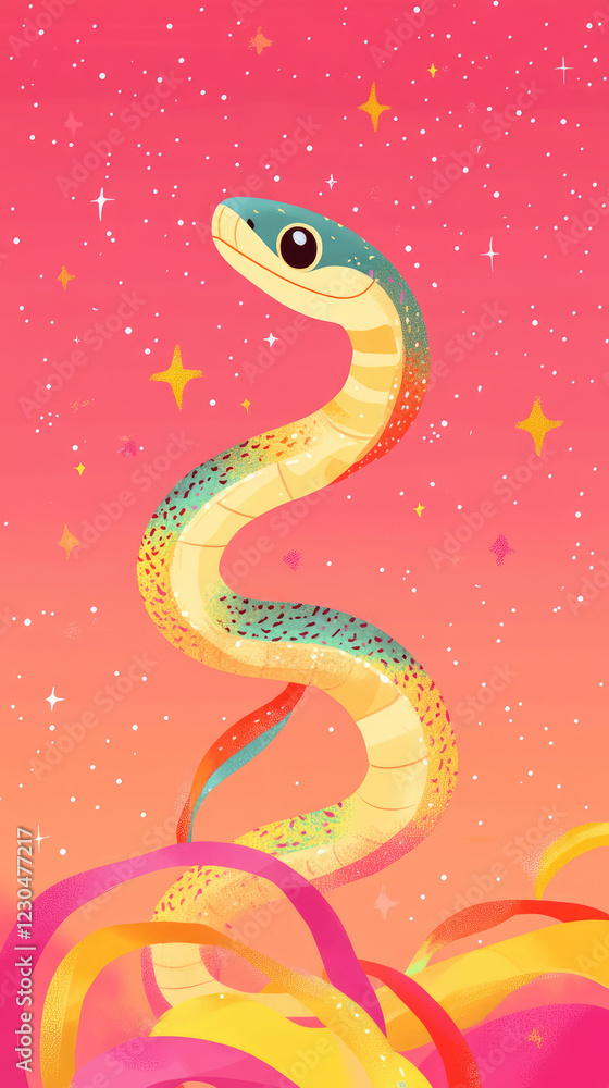 colorful snake with vibrant pattern twists against pink starry background, radiating whimsical and magical atmosphere