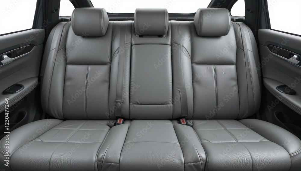 Fototapeta premium Gray leather rear car seats with headrests and seatbelts inside vehicle