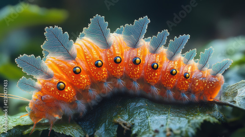 vibrant orange caterpillar with blue green leaf like structures on its back rests on green leaf, showcasing its unique and striking appearance in natural setting photo