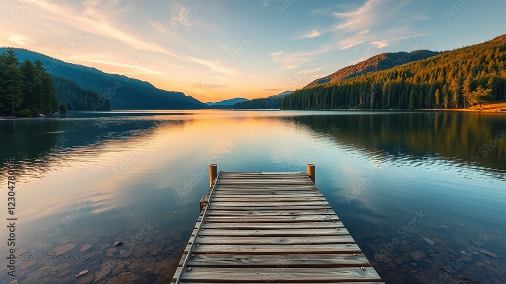 Fototapeta premium Serene Sunrise Lake Pier Landscape