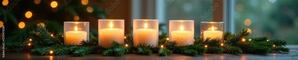 Frosted glass candle holders with candles and evergreen, twinkling lights, decoration Frosted glass candle holders with candles and evergreen, twinkling lights, decoration