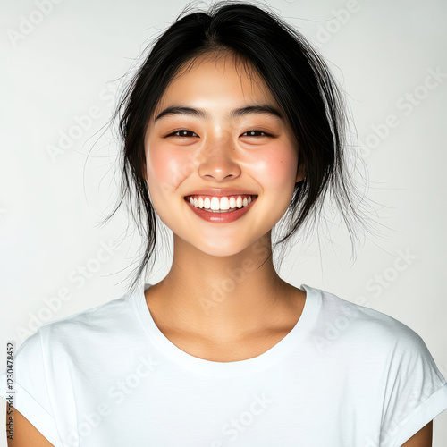 smiling Asian thai chinese woman with long, dark hair, wearing plain white t shirt, exuding happiness and confidence. Her radiant smile brightens image, creating warm and inviting atmosphere photo