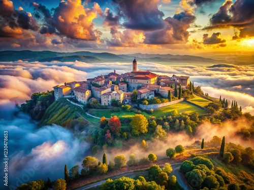 Surreal Tuscan Landscape: Massa Marittima Outline Map, Dreamlike Aerial View photo