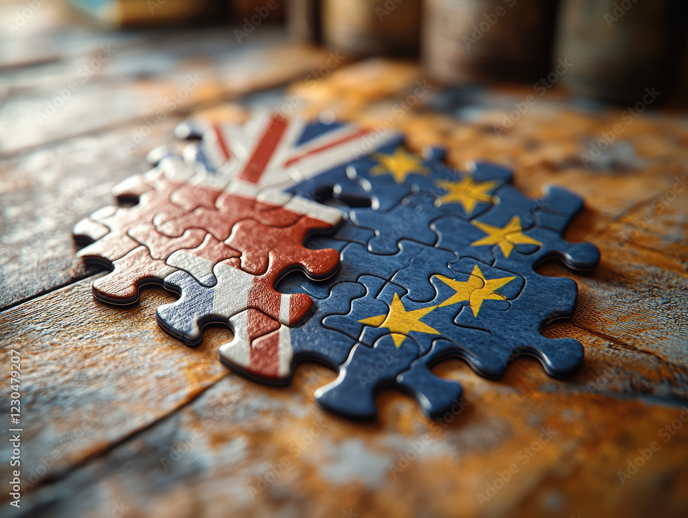 macro photograph of puzzle piece featuring UK and EU flags, symbolizing unity and division. wooden background adds warmth to image macro photograph of puzzle piece featuring UK and EU flags, symbolizing unity and division. wooden background adds warmth to image