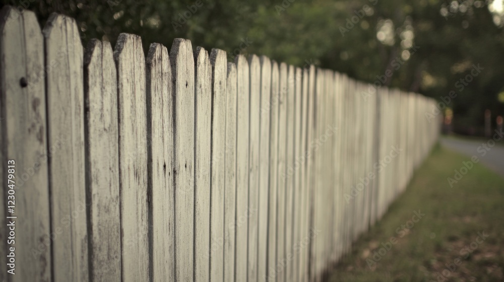 Weathered white picket fence beside a road, extending into blurred greenery. Weathered white picket fence beside a road, extending into blurred greenery.