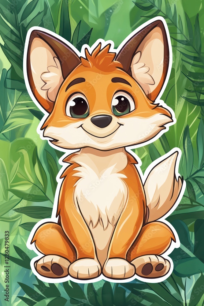 Obraz premium Cute fox sitting in lush jungle, children's book illustration