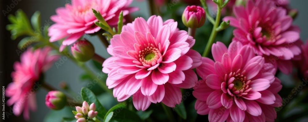 Lush pink chrysanthemum blooms in a large floral arrangement with greenery and berries, greenery, bouquet, floral Lush pink chrysanthemum blooms in a large floral arrangement with greenery and berries, greenery, bouquet, floral