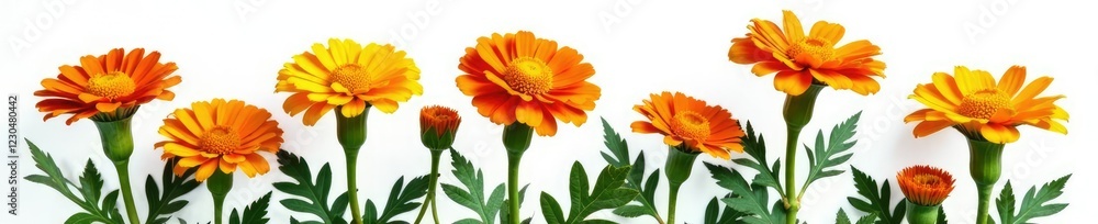 Marigold flowers with green leaf on white background isolated, nature, plant Marigold flowers with green leaf on white background isolated, nature, plant