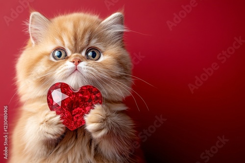 Cute exotic shorthair kitty with diamond red heart - sign of love, funny greeting card. Promotion creative artwork design. Exotic shorthair - my cherished cat. Cute heart animal photo. photo