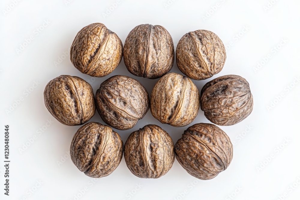 Walnuts arranged in an intricate pattern on a light background showcasing their textured shells Walnuts arranged in an intricate pattern on a light background showcasing their textured shells
