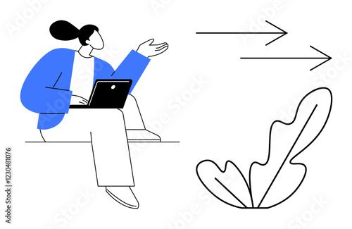 Woman gesturing while holding laptop, arrows pointing right, abstract leaf at bottom. Ideal for business, technology, growth, communication, environmental progress innovation themes. Minimalist