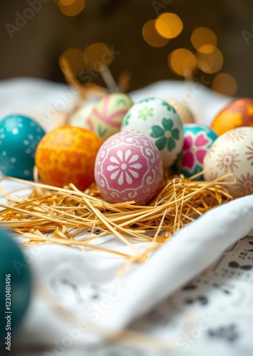 On a white tablecloth hay and multi-colored easter eggs with patterns easter theme easter egg holiday illustration celebration easter photo