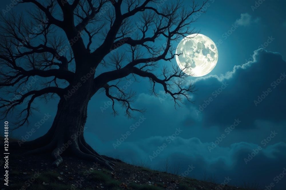 Silvery moon casts eerie glow on twisted tree branches, gloaming, haunting, autumnal Silvery moon casts eerie glow on twisted tree branches, gloaming, haunting, autumnal