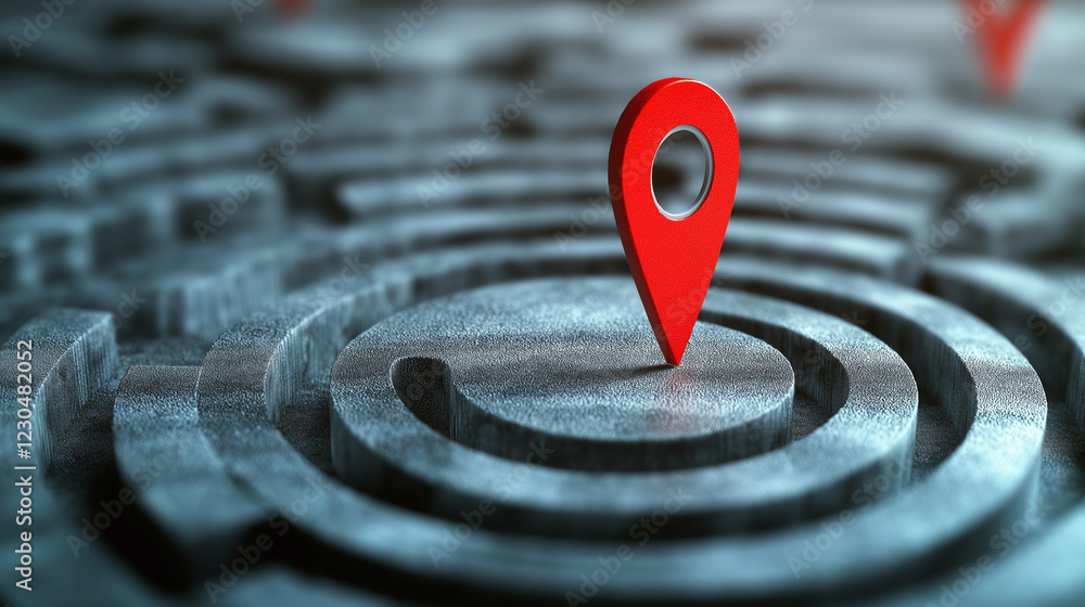 Red location pin standing on abstract maze, 3D concept for navigation, GPS technology, business strategy, search optimization, and destination-focused marketing success solutions