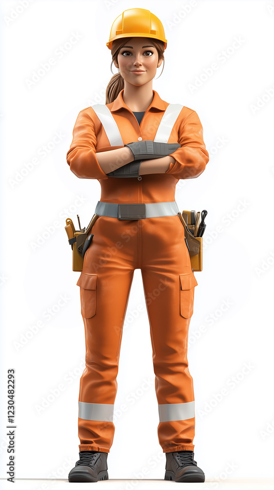 A female construction site supervisor in a professional uniform, including a safety vest and helmet on a white background. A female construction site supervisor in a professional uniform, including a safety vest and helmet on a white background.